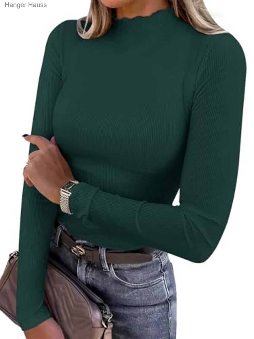 Mock Neck Long Sleeve Ribbed Knit Slim Fit Pullover Top
